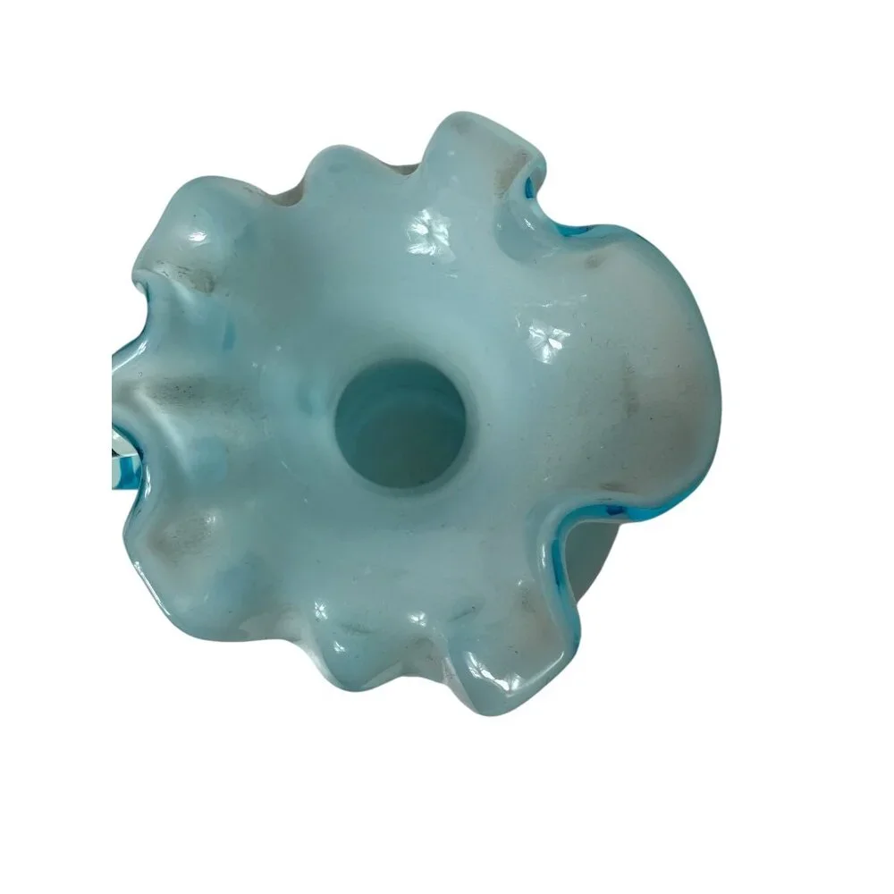 Ruffled Rim Pitcher Baby Blue Glass Handle Vintage